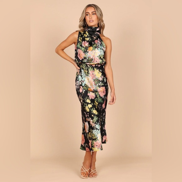 Petal & Pup Black Floral Dress with an Asymmetrical neckline. - Picture 7 of 7